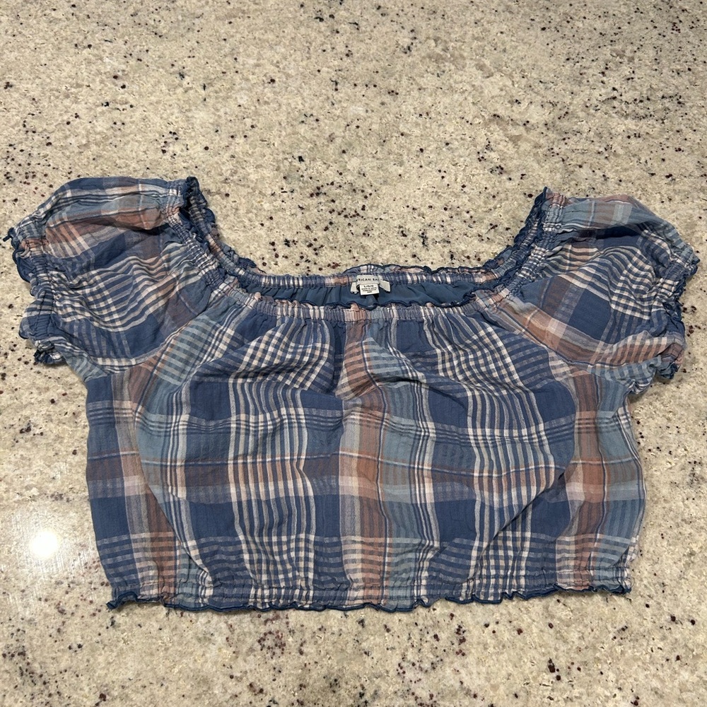 American Eagle Outfitters Blue and Brown Plaid Crop Top